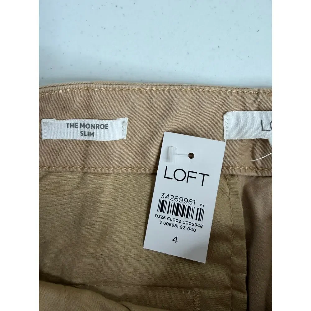 LOFT The Monroe Slim Pants Sz 4 Khaki Tan Mid Rise Stretch Ankle Preppy Classic